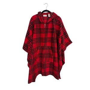 Le Moda One Size Poncho Sweater Hooded Full Zip Pockets Fleece Red Black Plaid